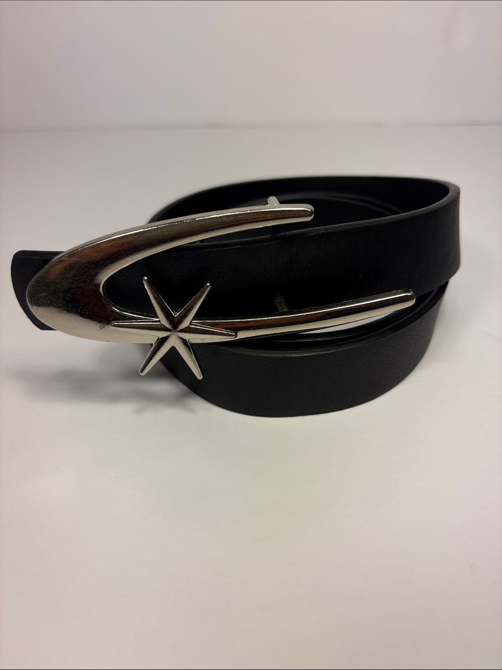 Y2K Cosmic Retro Black Faux Leather Belt w/ Starburst Chrome Buckle 41”